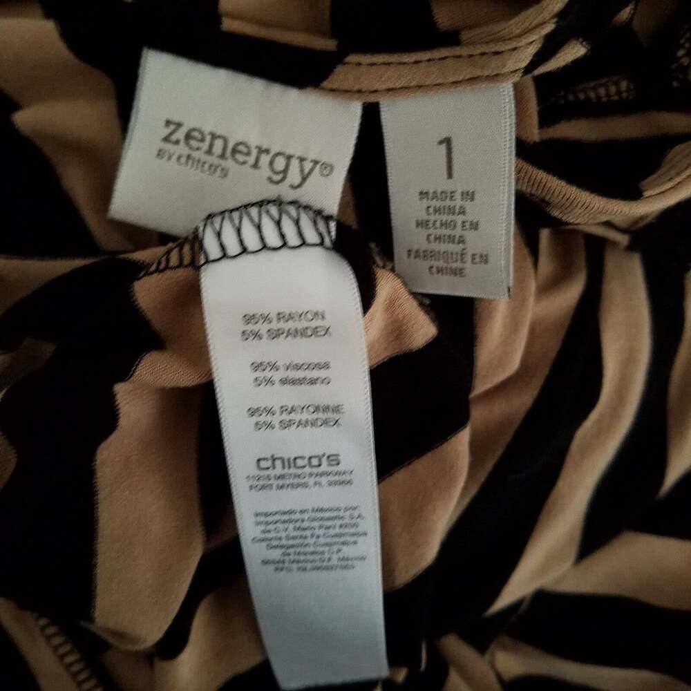 Chico’s Zenergy Women’s Tandy Cold Shoulder Tan Black Mixed Striped Tunic - Picture 9 of 10